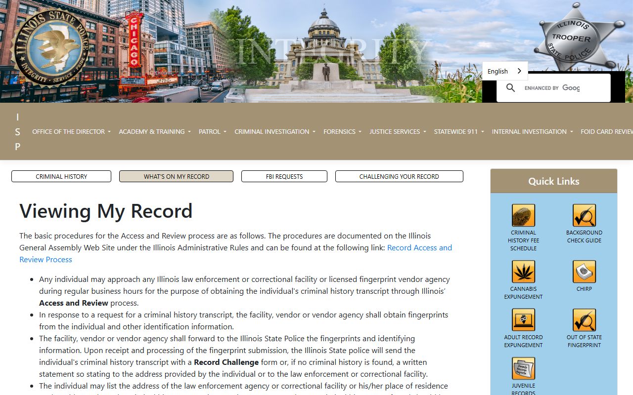 Illinois Access and Review page for personal background check records