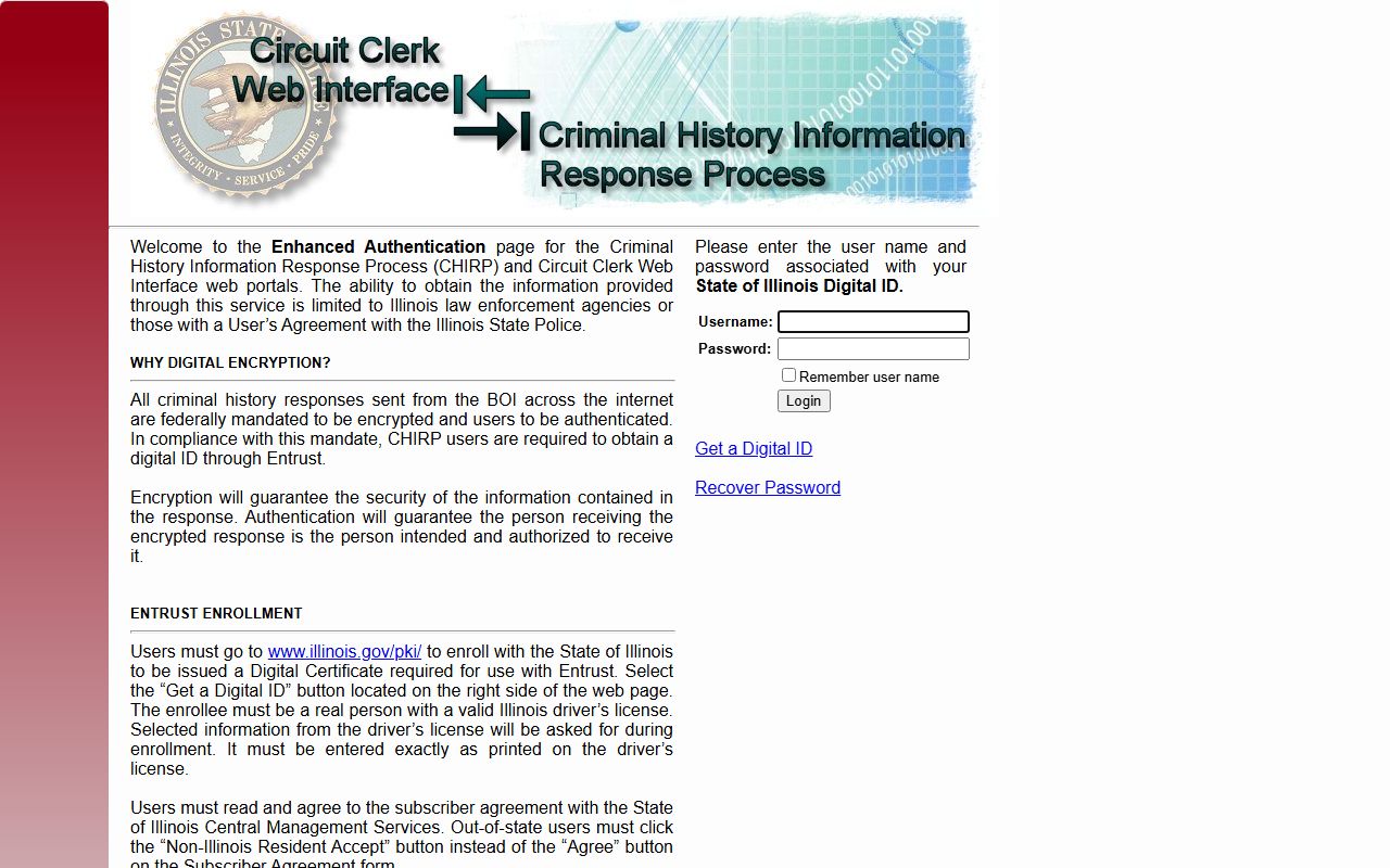 Illinois CHIRP login page for background check access
