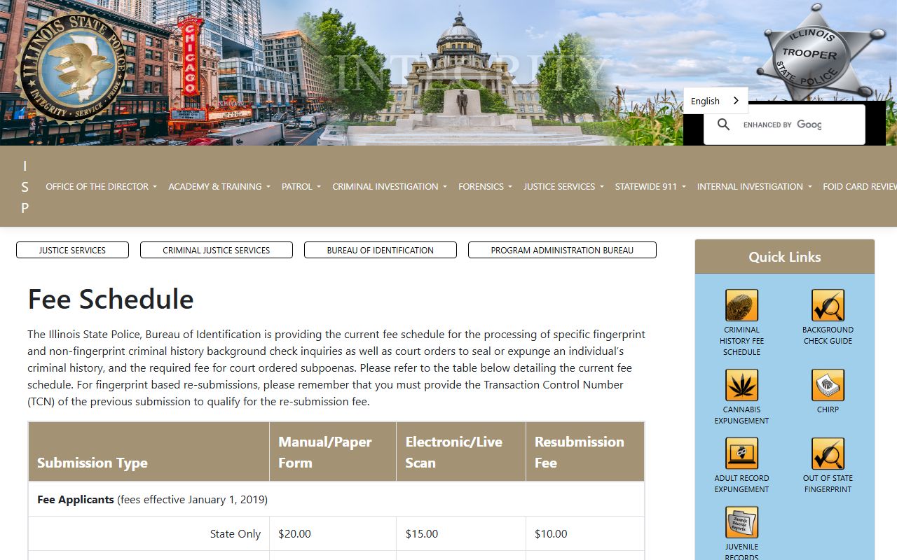 Illinois background check fee schedule from the Bureau of Identification