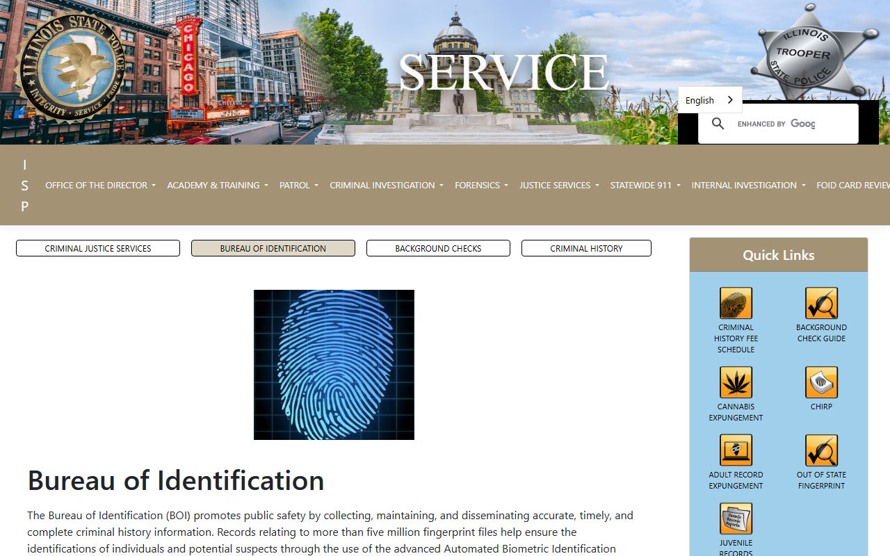 Illinois State Police Bureau of Identification background check page